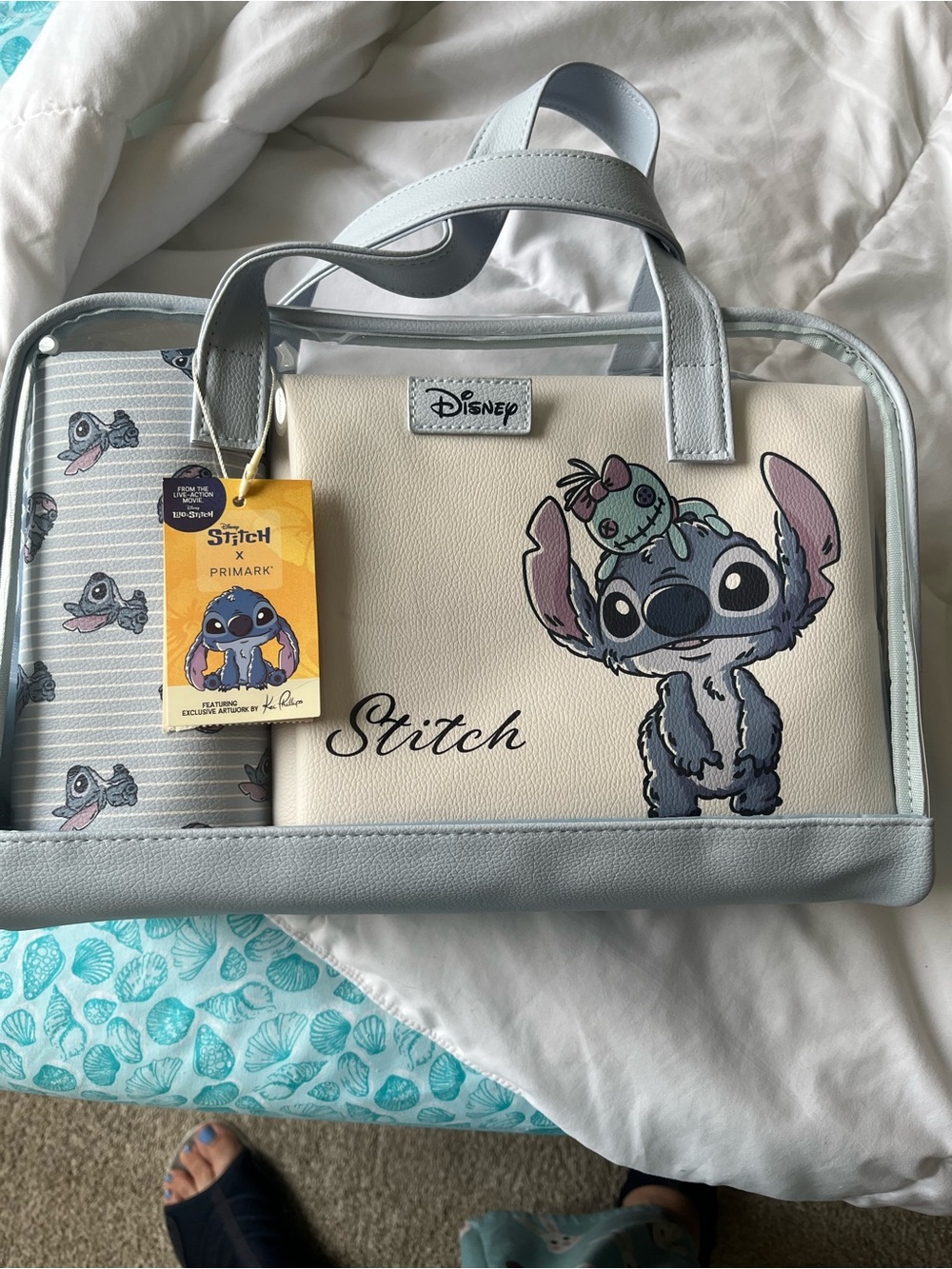 Disney Stitch Clear Tote Bag in Light Blue & Cream with Character Print